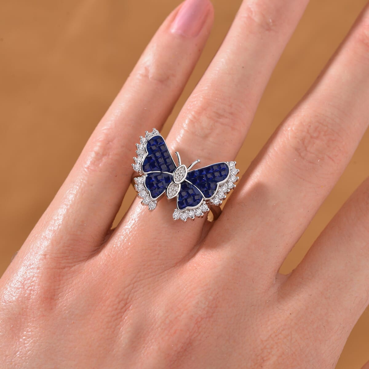 Simulated White and Blue Diamond Butterfly Ring in Rhodium Over Sterling Silver (Size 10.0) image number 1
