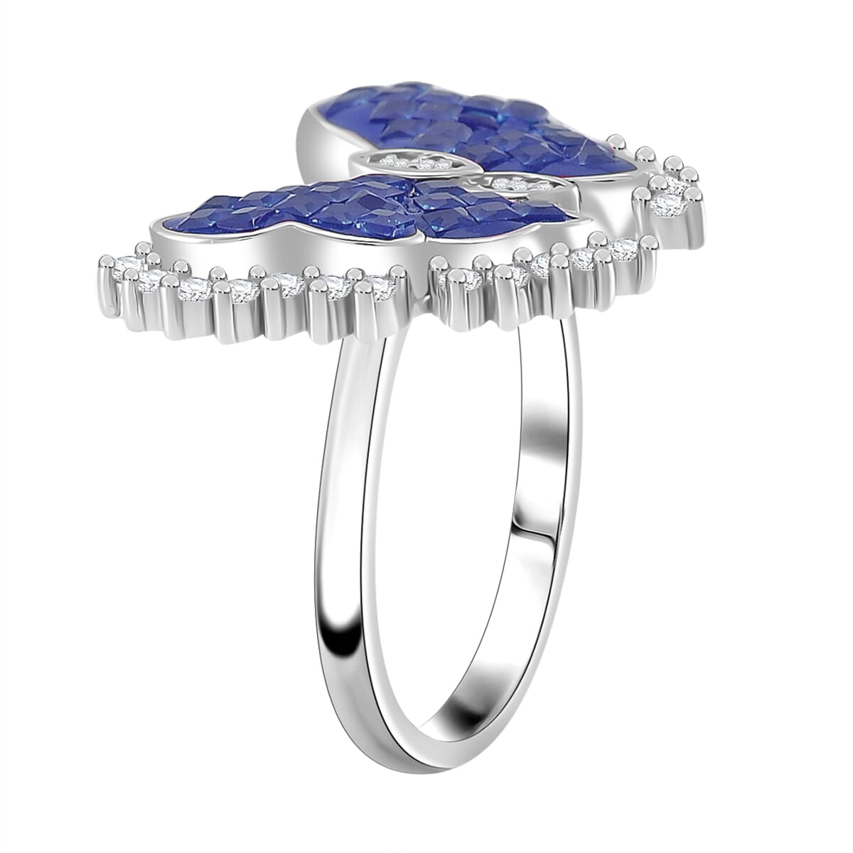Simulated White and Blue Diamond Butterfly Ring in Rhodium Over Sterling Silver (Size 10.0) image number 2