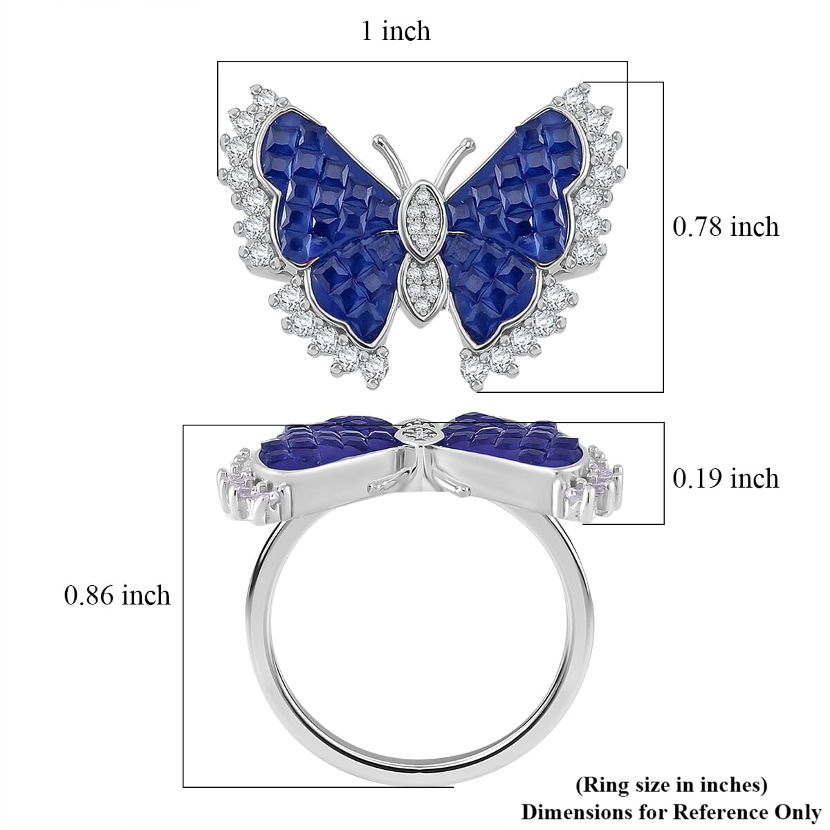 Simulated White and Blue Diamond Butterfly Ring in Rhodium Over Sterling Silver (Size 10.0) image number 4