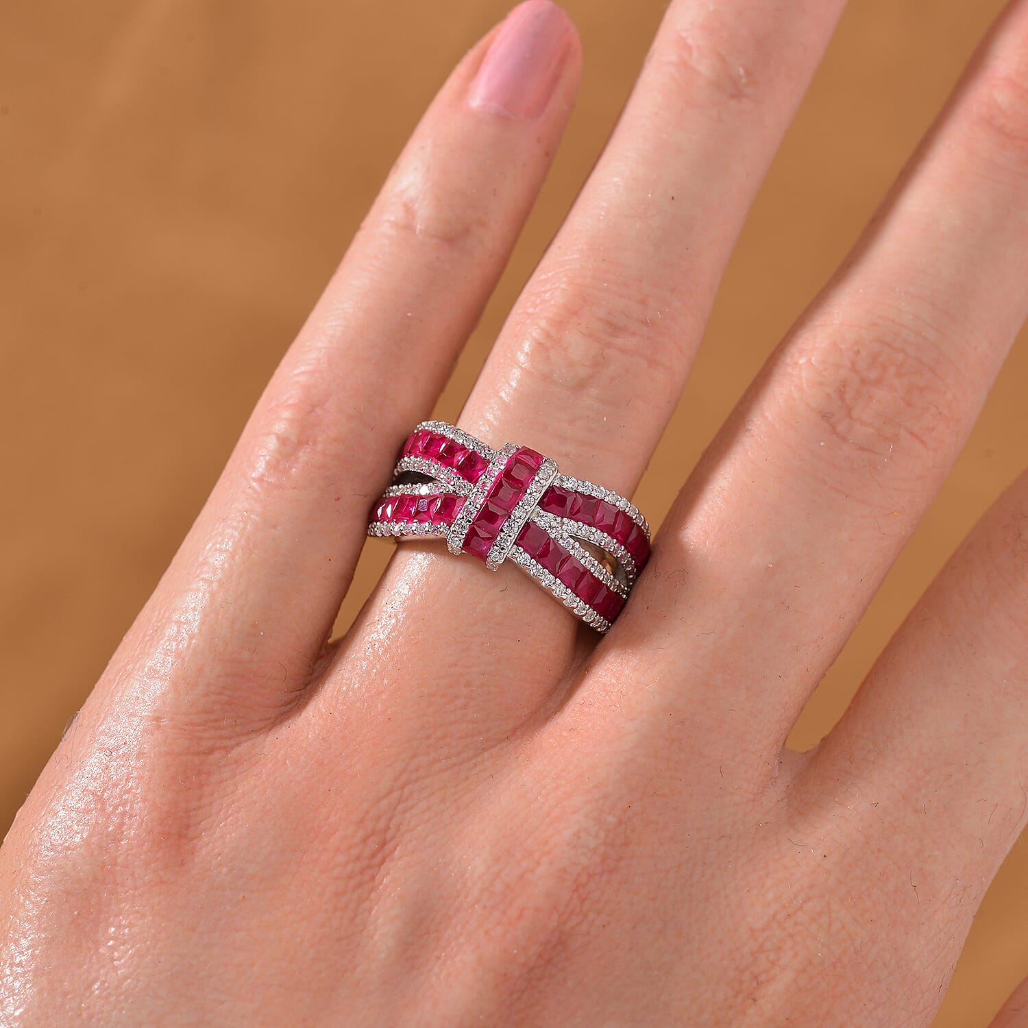 Simulated White and Ruby Color Diamond Ring in Rhodium Over Sterling Silver (Size 10.0)