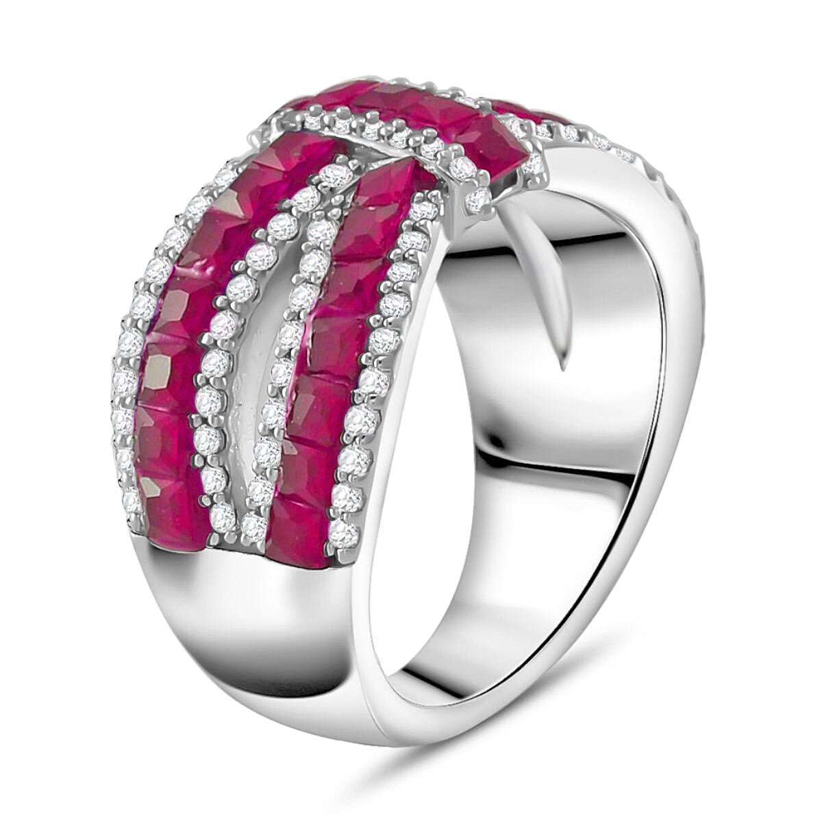 Simulated White and Ruby Color Diamond Ring in Rhodium Over Sterling Silver (Size 10.0)