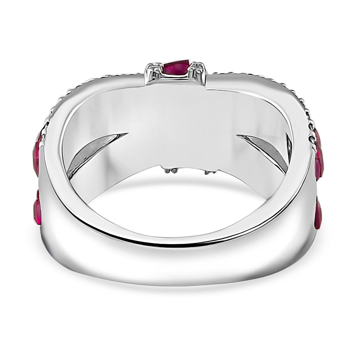 Simulated White and Ruby Color Diamond Ring in Rhodium Over Sterling Silver (Size 10.0)