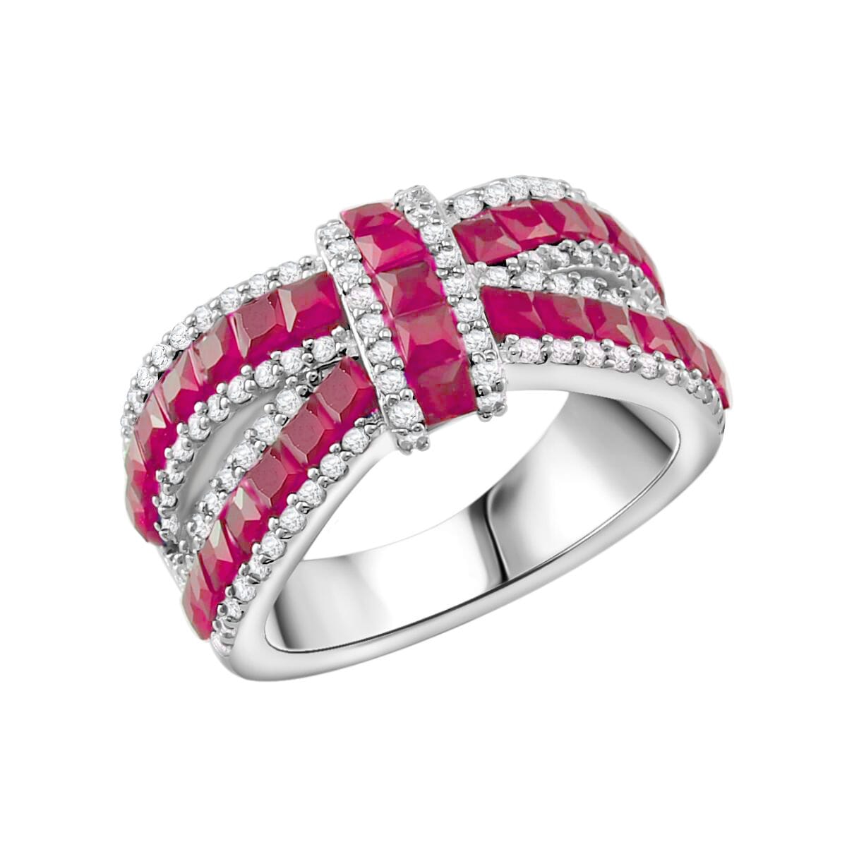 Simulated White and Ruby Color Diamond Ring in Rhodium Over Sterling Silver (Size 7.0) image number 0