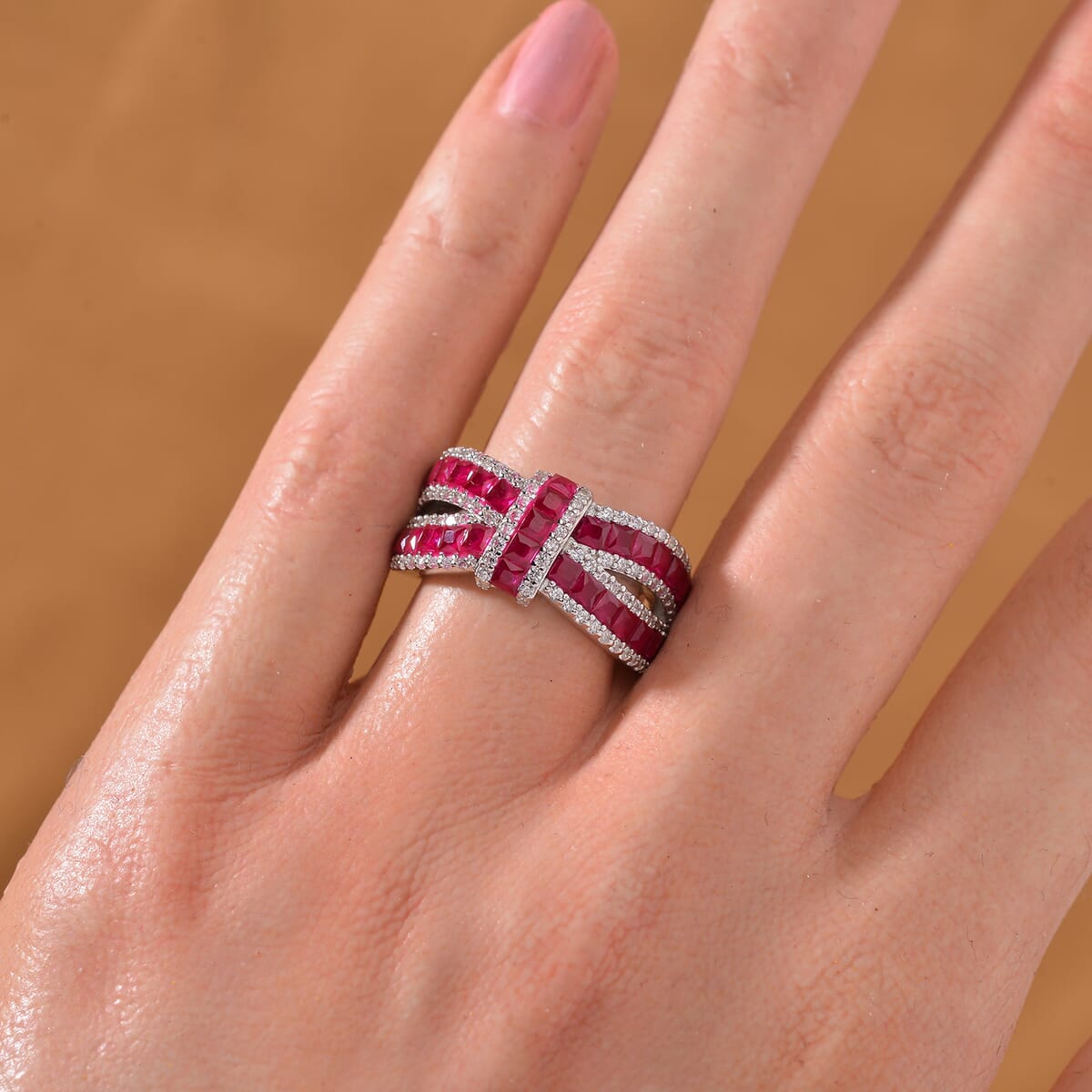 Simulated White and Ruby Color Diamond Ring in Rhodium Over Sterling Silver (Size 7.0) image number 1