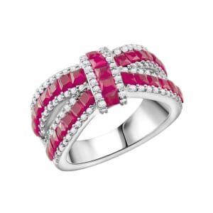 Simulated White and Ruby Color Diamond Ring in Rhodium Over Sterling Silver (Size 8.0)