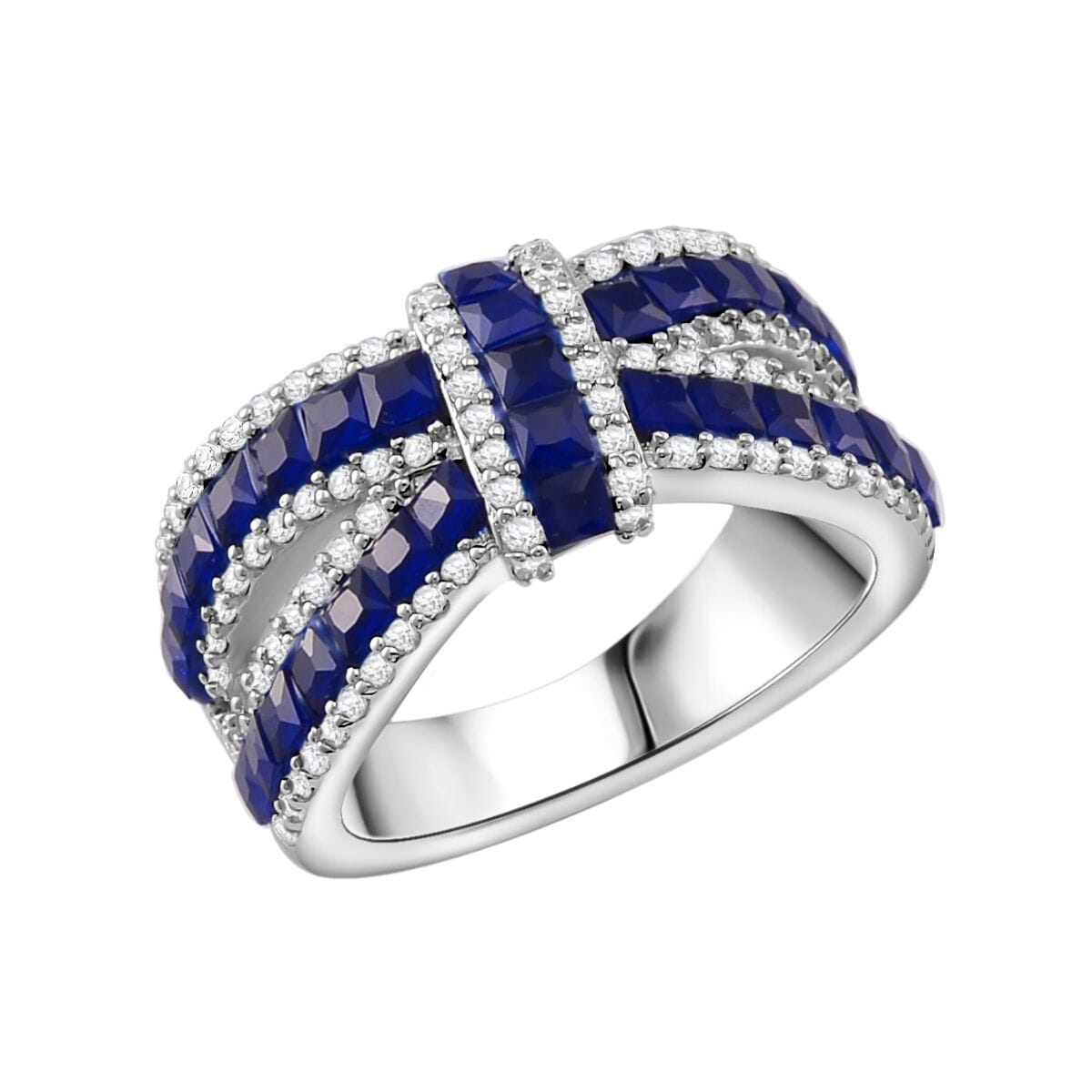 Simulated White and Blue Diamond Ring in Rhodium Over Sterling Silver (Size 9.0) image number 0