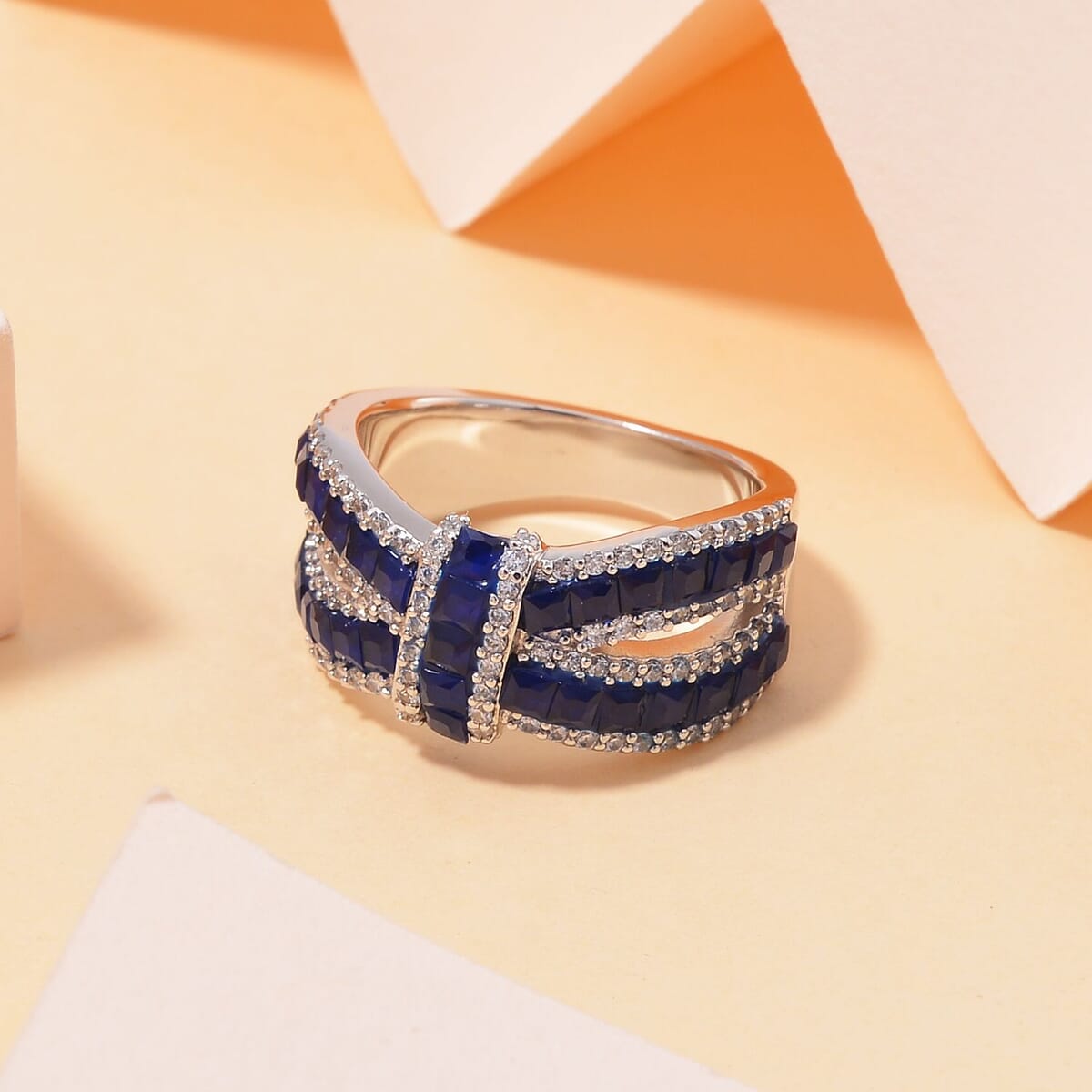 Simulated White and Blue Diamond Ring in Rhodium Over Sterling Silver (Size 9.0) image number 1