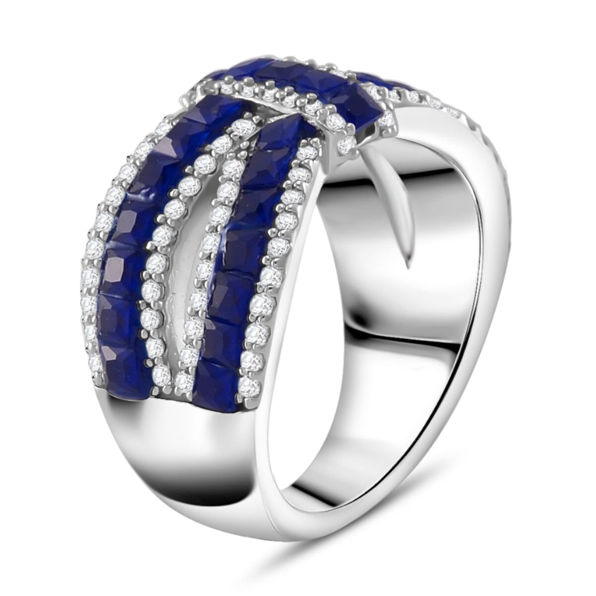 Simulated White and Blue Diamond Ring in Rhodium Over Sterling Silver (Size 9.0) image number 3