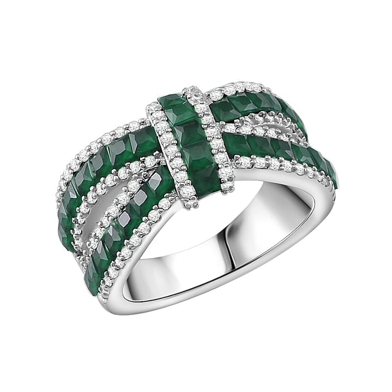 Simulated White and Green Diamond Ring in Rhodium Over Sterling Silver (Size 7.0)