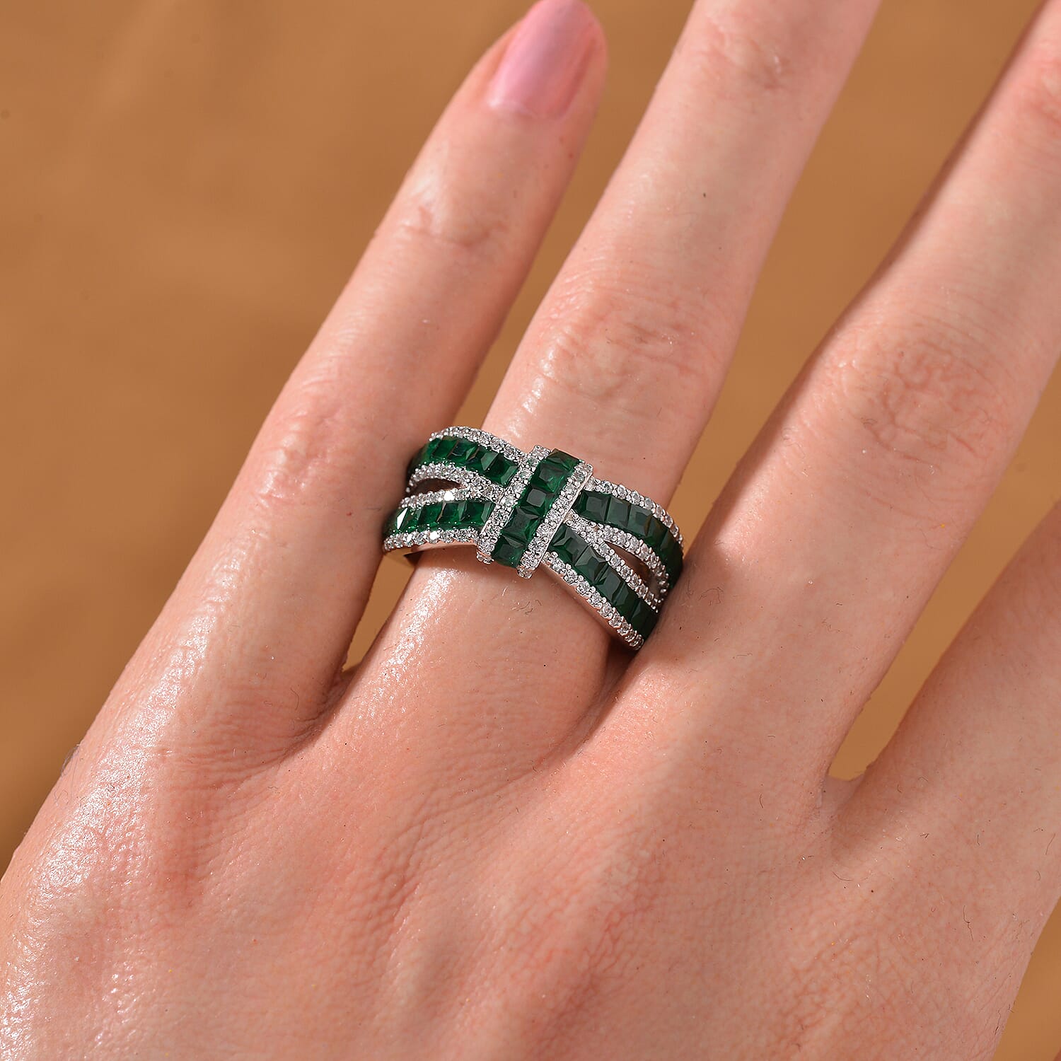 Simulated White and Green Diamond Ring in Rhodium Over Sterling Silver (Size 7.0)