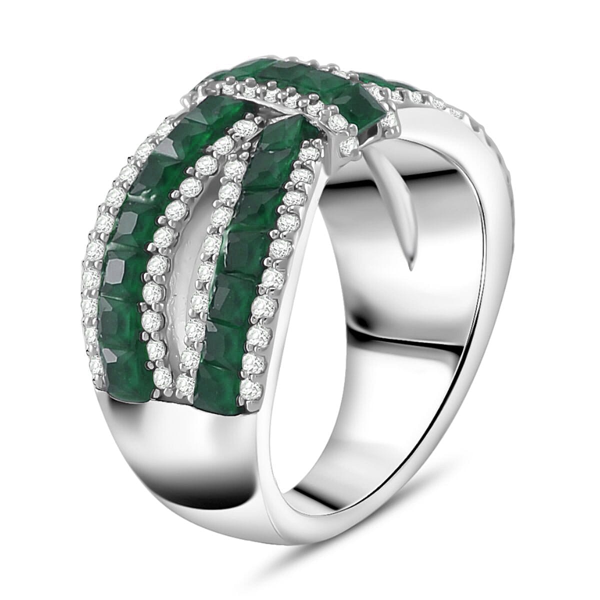 Simulated White and Green Diamond Ring in Rhodium Over Sterling Silver (Size 7.0)