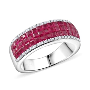 Simulated White and Ruby Color Diamond Ring in Rhodium Over Sterling Silver (Size 5.0)
