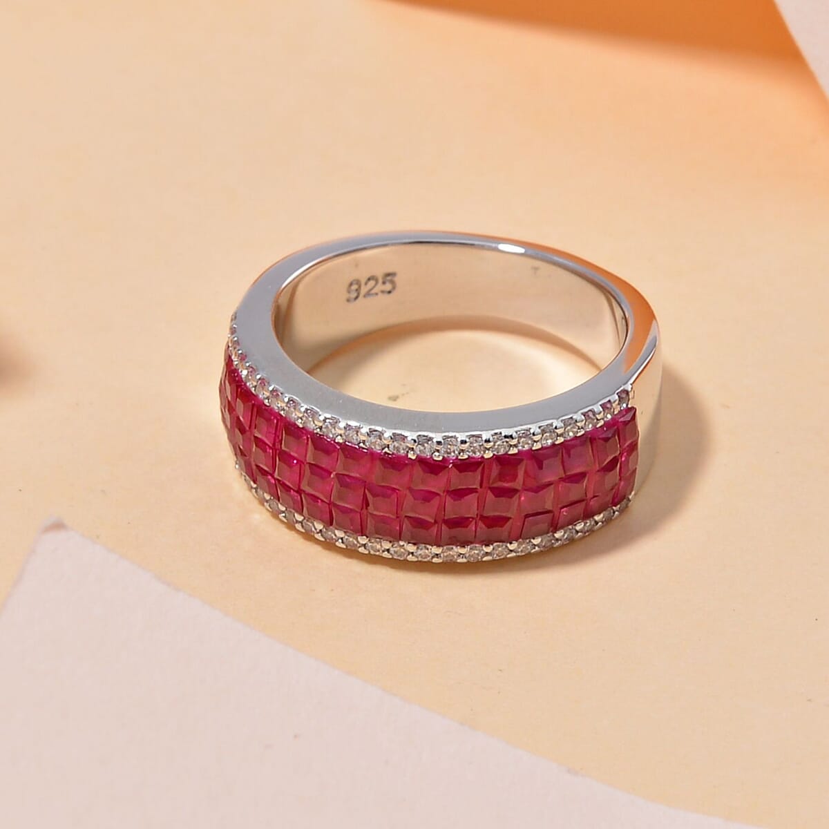 Simulated White and Ruby Color Diamond Ring in Rhodium Over Sterling Silver (Size 5.0) image number 1