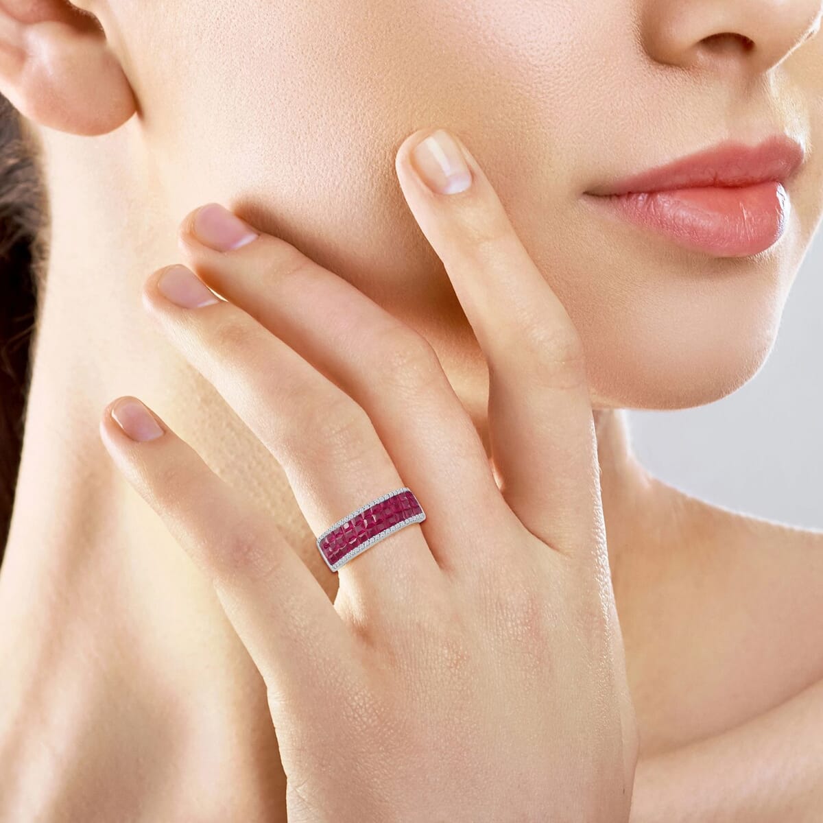 Simulated White and Ruby Color Diamond Ring in Rhodium Over Sterling Silver (Size 5.0) image number 2