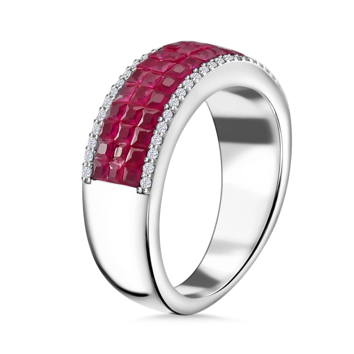 Simulated White and Ruby Color Diamond Ring in Rhodium Over Sterling Silver (Size 5.0) image number 3