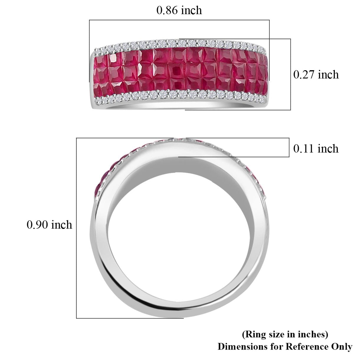 Simulated White and Ruby Color Diamond Ring in Rhodium Over Sterling Silver (Size 5.0) image number 5