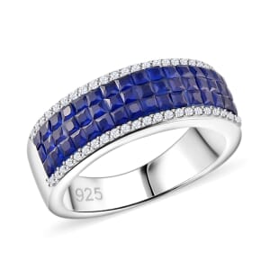 Simulated White and Blue Diamond Ring in Rhodium Over Sterling Silver (Size 6.0)