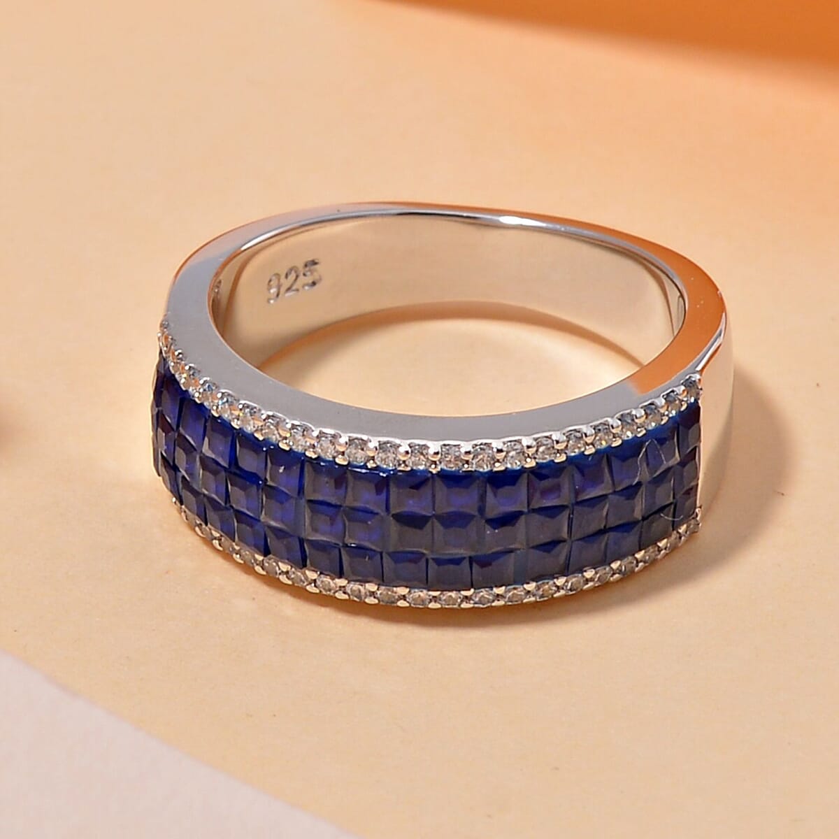 Simulated White and Blue Diamond Ring in Rhodium Over Sterling Silver (Size 6.0) image number 1