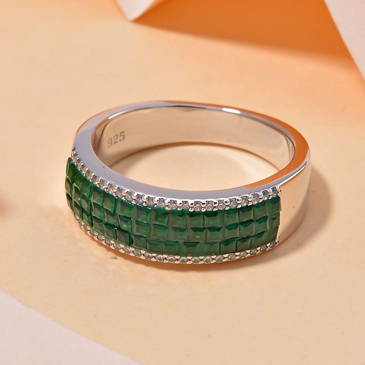 Simulated White and Green Diamond Ring in Rhodium Over Sterling Silver (Size 8.0) image number 1