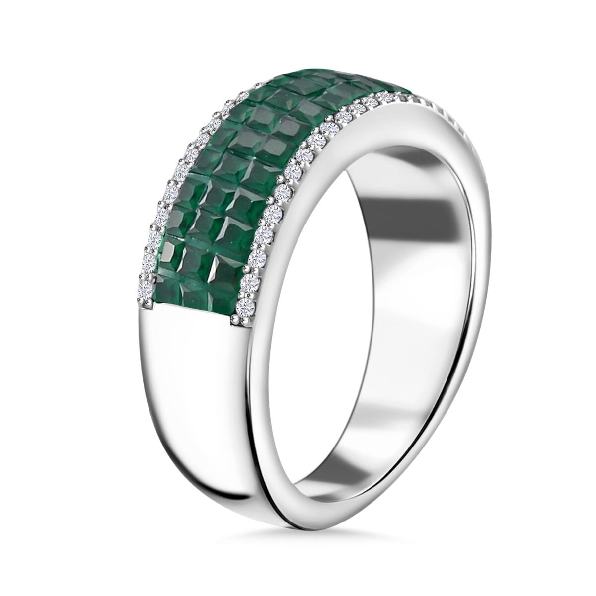 Simulated White and Green Diamond Ring in Rhodium Over Sterling Silver (Size 8.0) image number 3