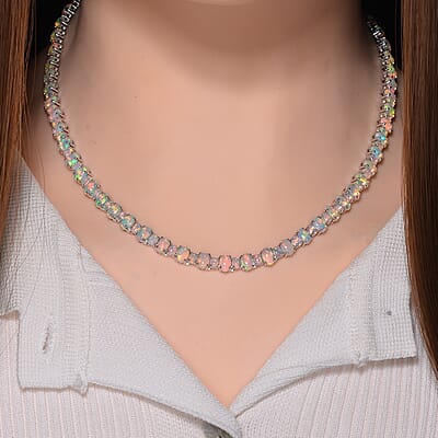 Ethiopian Welo Opal 23.65 ctw Tennis Necklace 18 Inches in Rhodium Over Sterling Silver