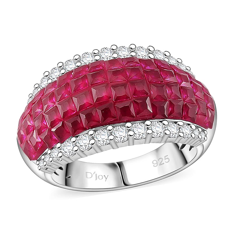 Simulated White and Ruby Color Diamond Ring in Rhodium Over Sterling Silver (Size 10.0)