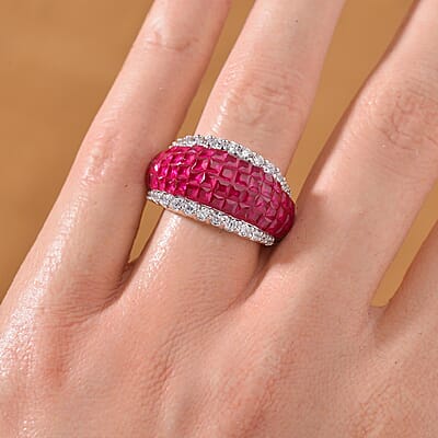 Simulated White and Ruby Color Diamond Ring in Rhodium Over Sterling Silver (Size 10.0)