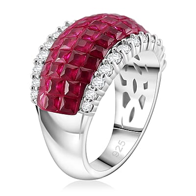 Simulated White and Ruby Color Diamond Ring in Rhodium Over Sterling Silver (Size 10.0)