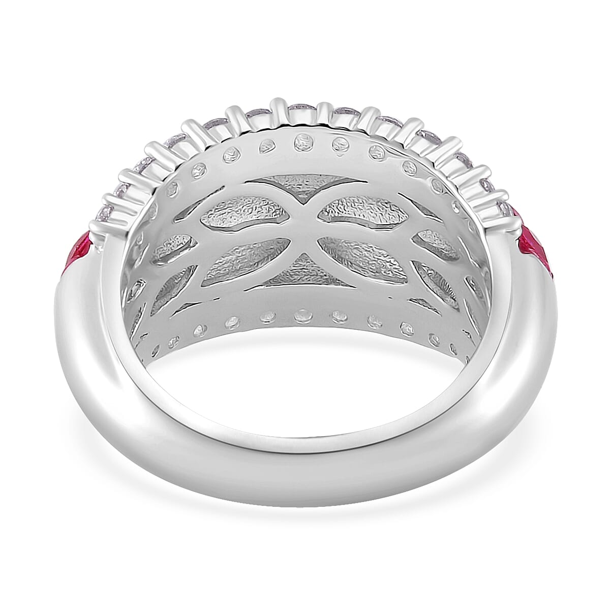 Simulated White and Ruby Color Diamond Ring in Rhodium Over Sterling Silver (Size 10.0)