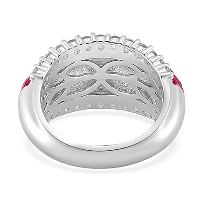Simulated White and Ruby Color Diamond Ring in Rhodium Over Sterling Silver (Size 10.0)