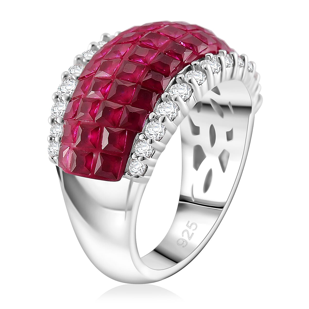 Simulated White and Ruby Color Diamond Ring in Rhodium Over Sterling Silver (Size 7.0) image number 2