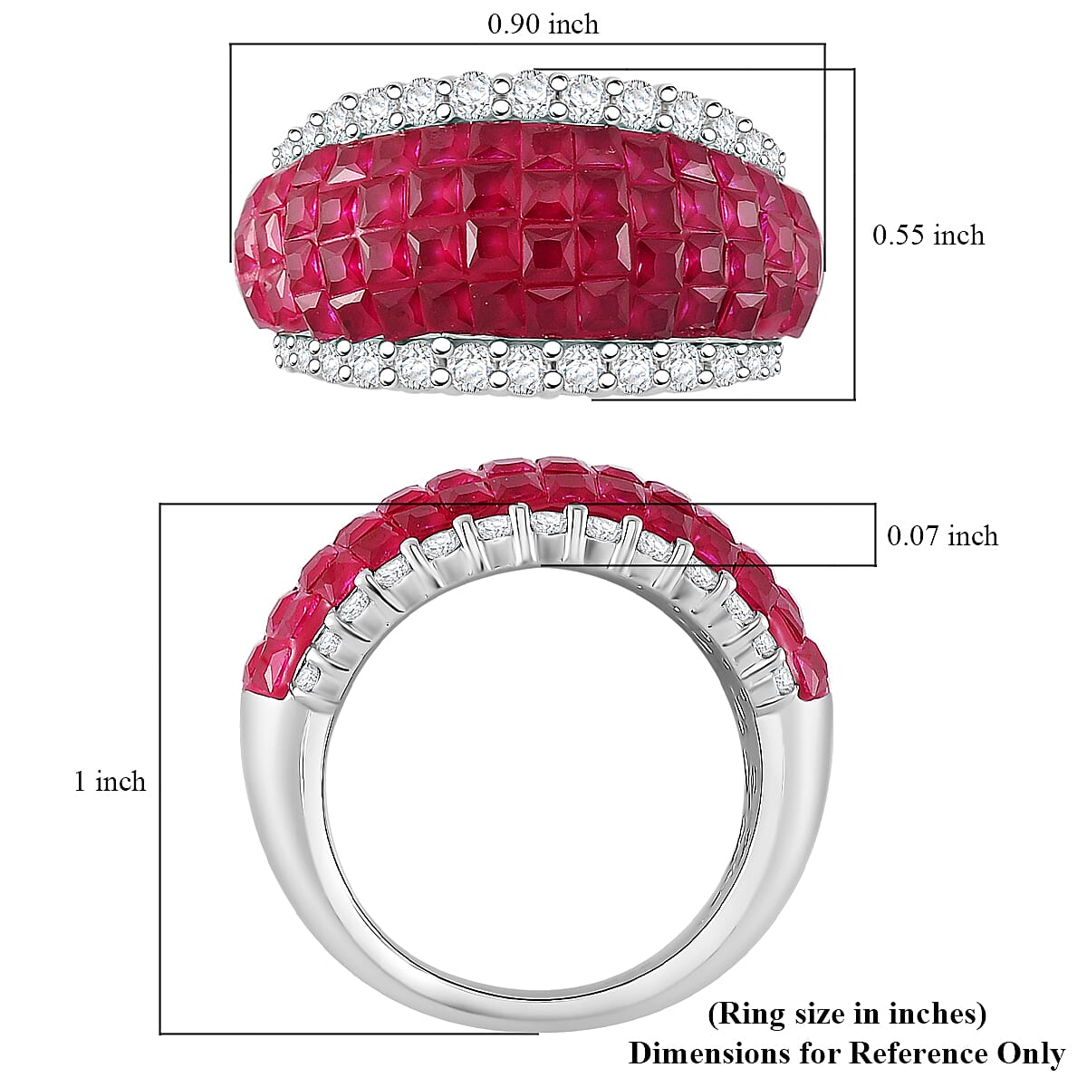 Simulated White and Ruby Color Diamond Ring in Rhodium Over Sterling Silver (Size 7.0) image number 4