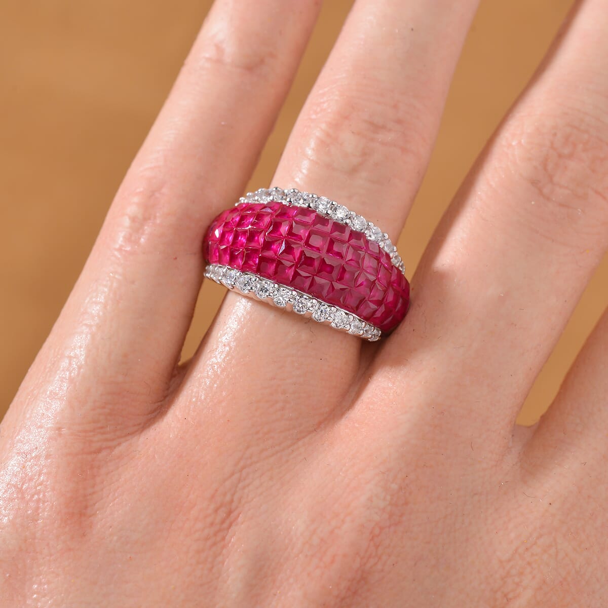 Simulated White and Ruby Color Diamond Ring in Rhodium Over Sterling Silver (Size 9.0) image number 1