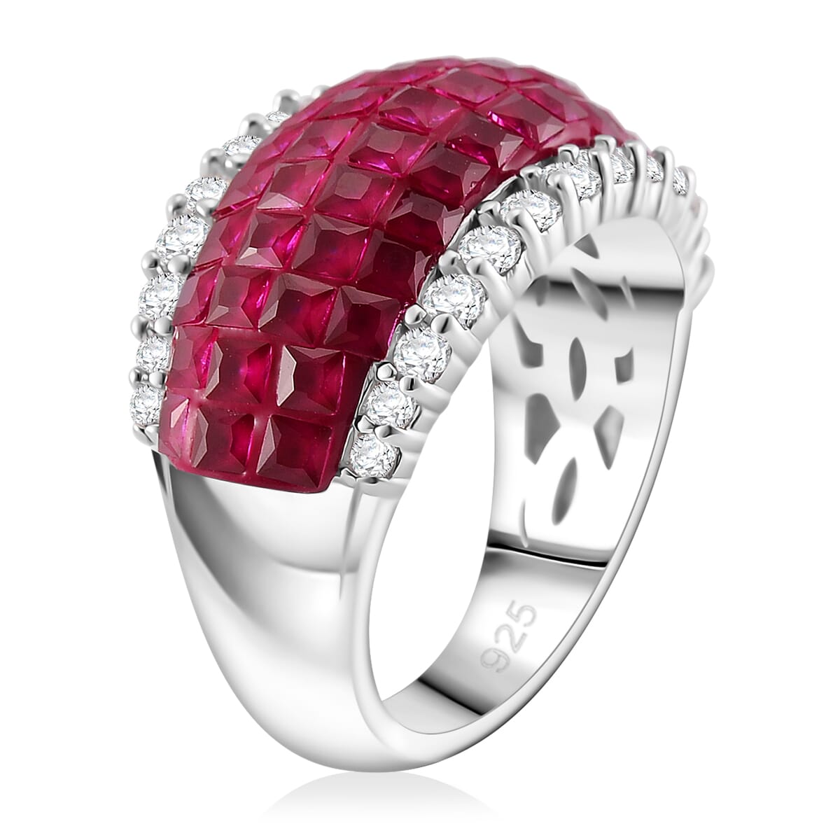 Simulated White and Ruby Color Diamond Ring in Rhodium Over Sterling Silver (Size 9.0) image number 2