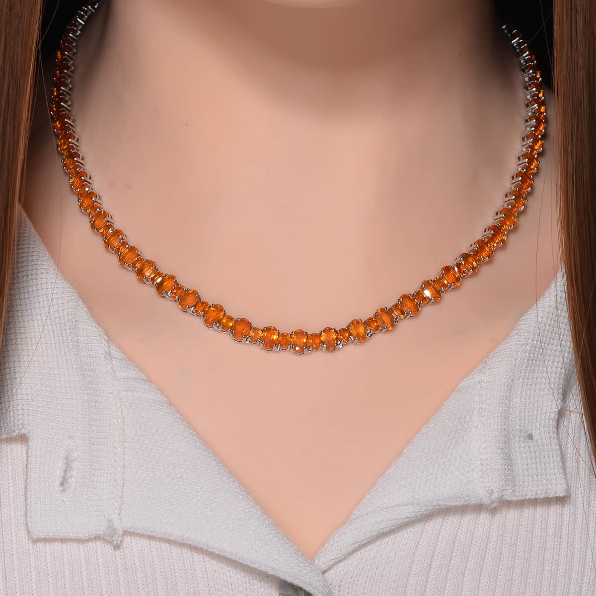 Mexican Fire Opal 25.85 ctw Tennis Necklace 18 Inches in Rhodium Over Sterling Silver image number 1