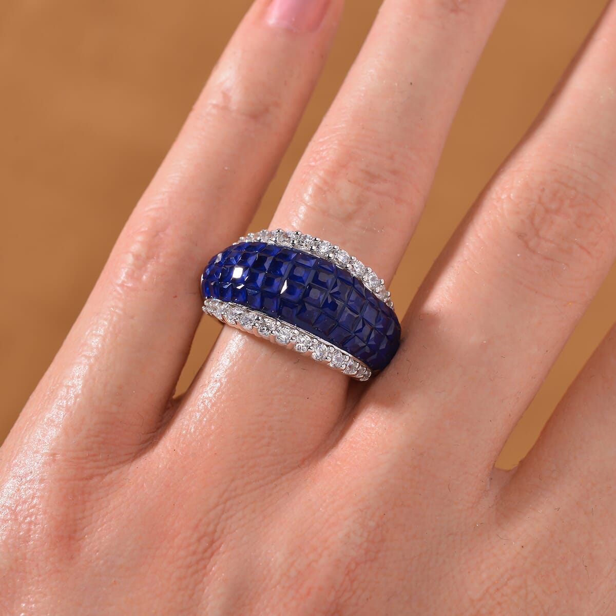 Simulated White and Blue Diamond Ring in Rhodium Over Sterling Silver (Size 9.0) image number 1
