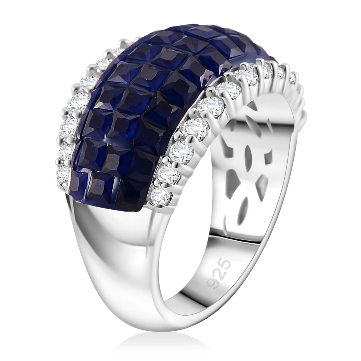Simulated White and Blue Diamond Ring in Rhodium Over Sterling Silver (Size 9.0) image number 2