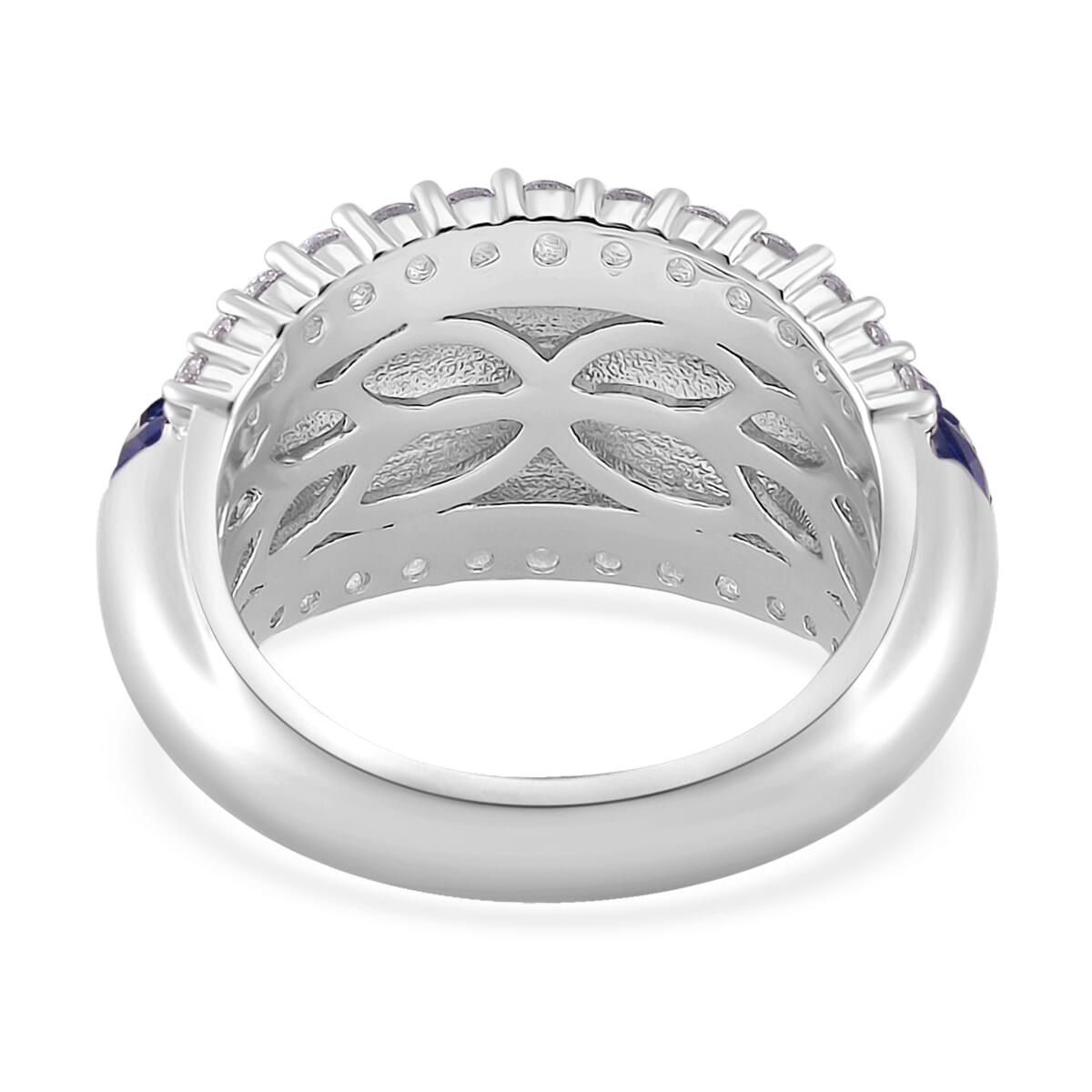 Simulated White and Blue Diamond Ring in Rhodium Over Sterling Silver (Size 9.0) image number 3