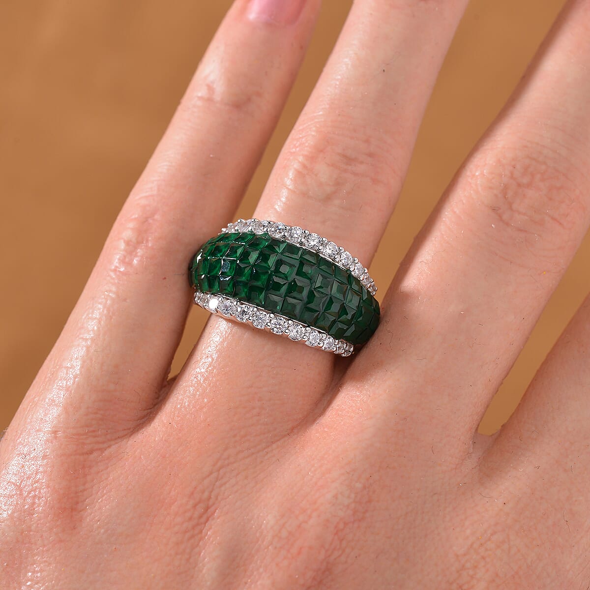 Simulated White and Green Diamond Ring in Rhodium Over Sterling Silver (Size 5.0) image number 1
