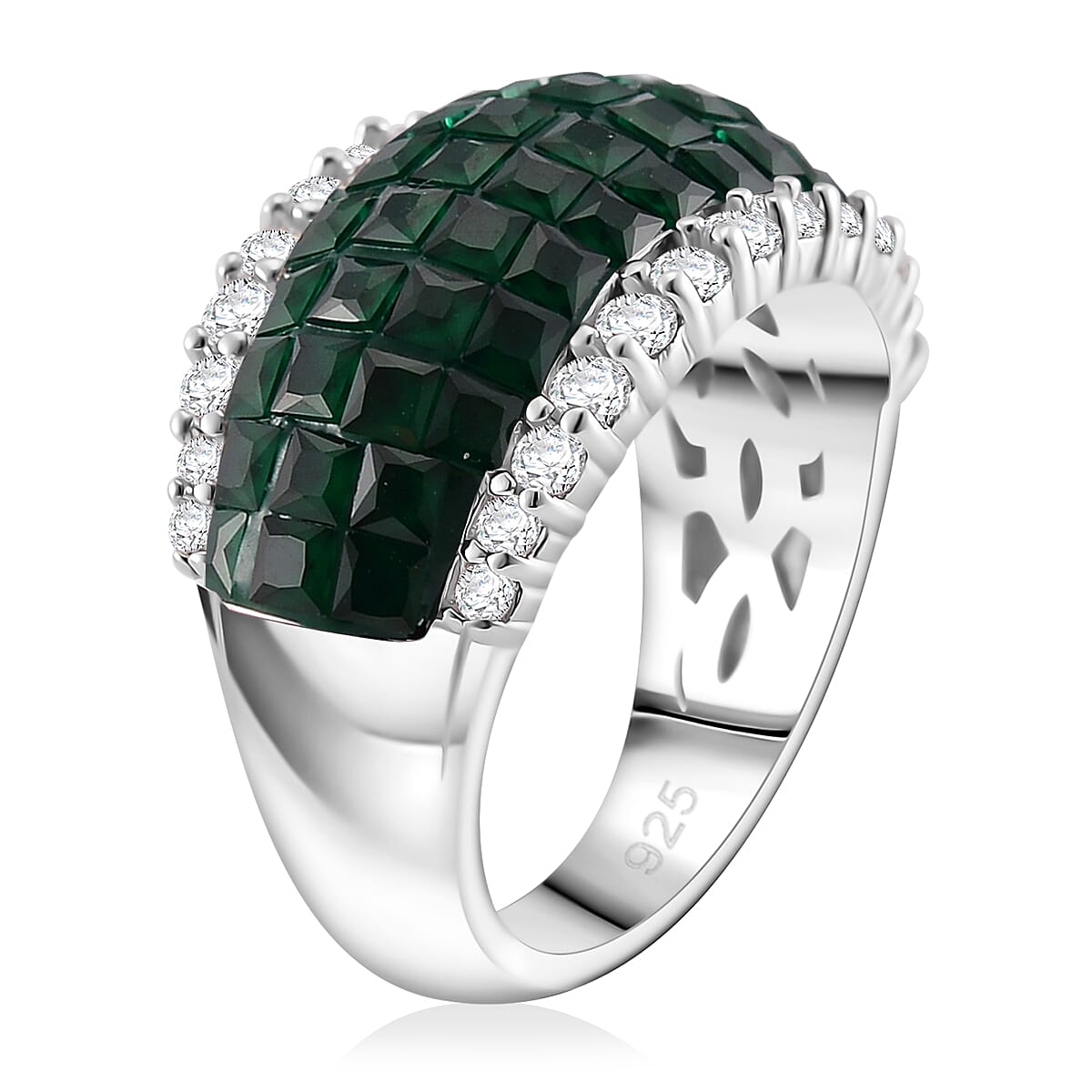 Simulated White and Green Diamond Ring in Rhodium Over Sterling Silver (Size 5.0) image number 2