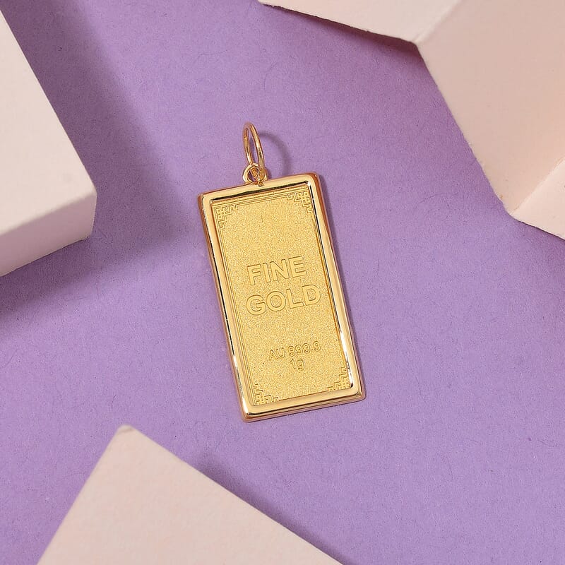 24K Yellow Gold Ingot 21x10.67x0.8MM Pendant without Chain Bar (1g) in 14K Gold Frame (0.45g) (Total 1.4gm)
