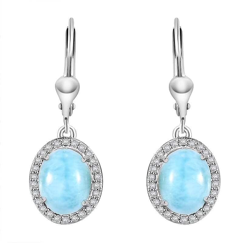 Larimar and White Zircon 5.10 ctw Lever Back Whale Earrings in Rhodium Over Sterling Silver