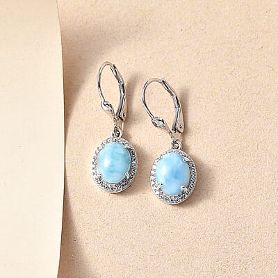 Larimar and White Zircon 5.10 ctw Lever Back Whale Earrings in Rhodium Over Sterling Silver