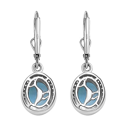 Larimar and White Zircon 5.10 ctw Lever Back Whale Earrings in Rhodium Over Sterling Silver