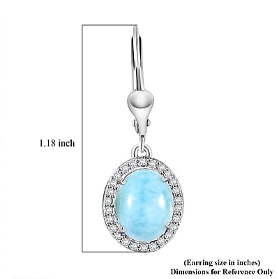 Larimar and White Zircon 5.10 ctw Lever Back Whale Earrings in Rhodium Over Sterling Silver