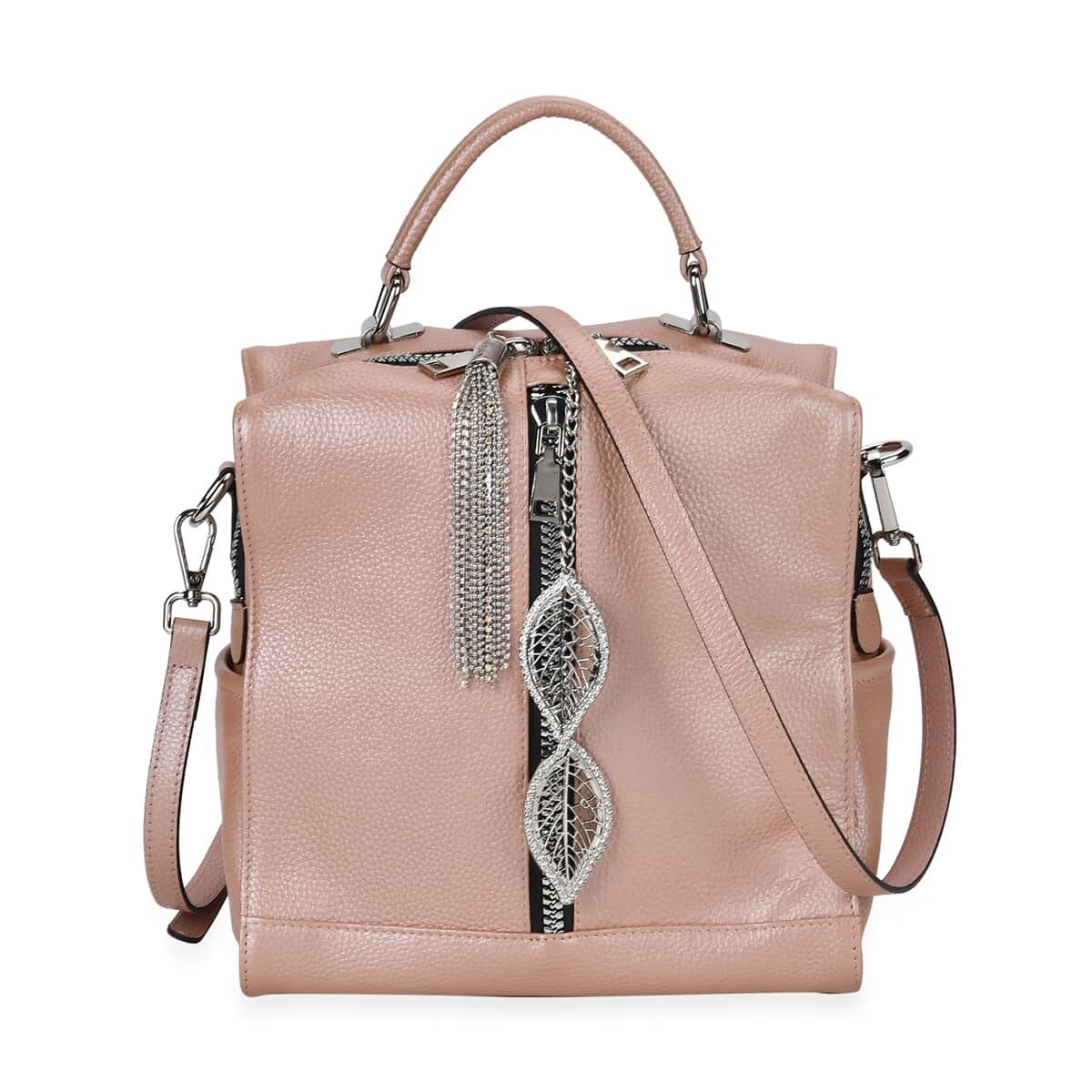 Pink Multi-purpose Genunie Leather Crossbody Bag with Logo Two Leaves Tag & Tassel image number 0