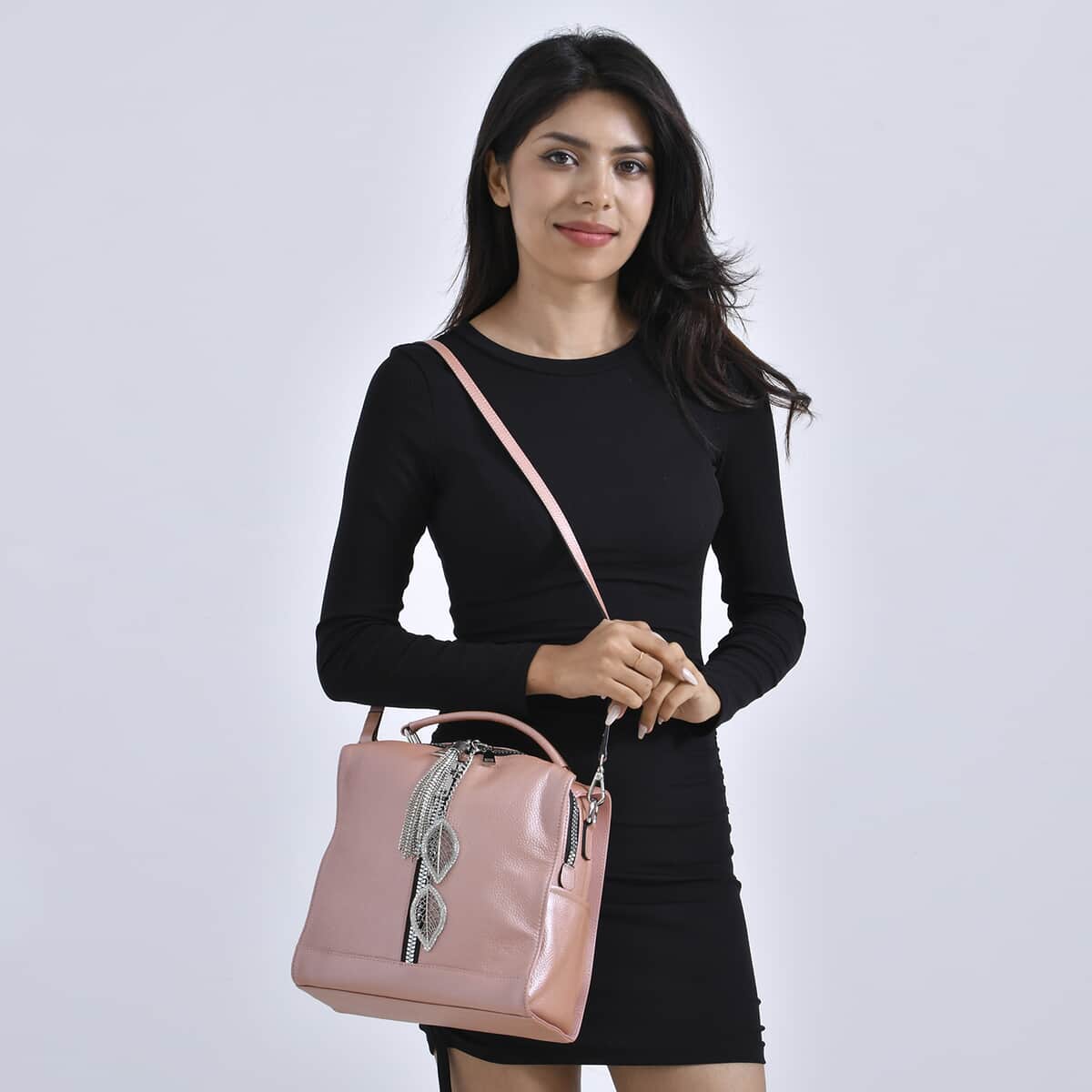 Pink Multi-purpose Genunie Leather Crossbody Bag with Logo Two Leaves Tag & Tassel image number 1