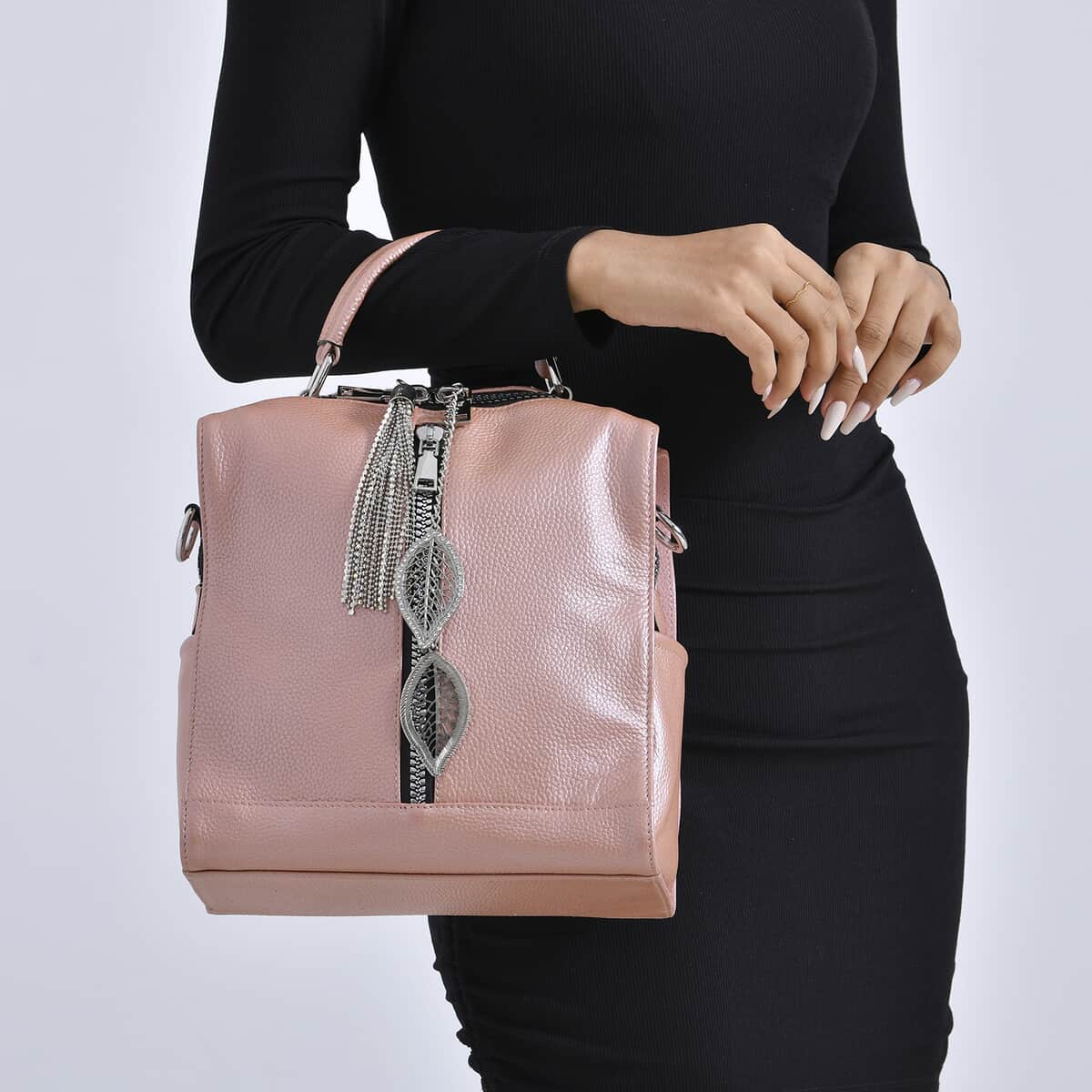 Pink Multi-purpose Genunie Leather Crossbody Bag with Logo Two Leaves Tag & Tassel image number 2