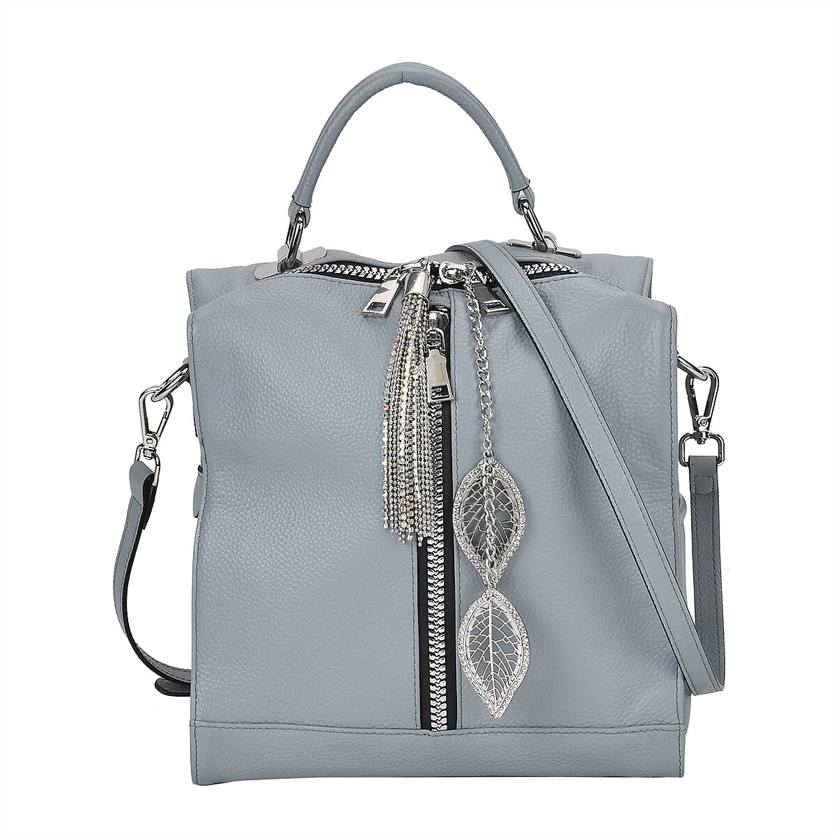 Blue Multi-purpose Genuine Leather Crossbody Bag with Logo Two Leaves Tag & Tassel image number 0