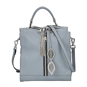 Blue Multi-purpose Genuine Leather Crossbody Bag with Logo Two Leaves Tag & Tassel